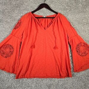 Sundance Womens Top Size Medium Orange Bell Sleeve Tassels Crochet Details Boho